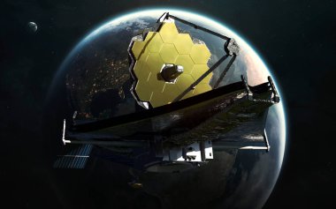 Dünya 'nın yörüngesindeki James Webb teleskopu. JWST fırlatma sanatı. Görüntü elementleri Nasa tarafından sağlandı