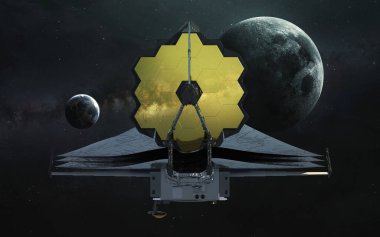 Dünya ve Ay gezegeninin arka planında James Webb teleskopu var. JWST fırlatma sanatı. Görüntü elementleri Nasa tarafından sağlandı