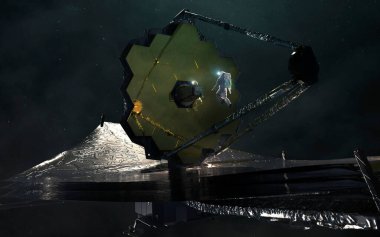 Astronotlar James Webb teleskopunu inceliyor. JWST fırlatma sanatı. Görüntü elementleri Nasa tarafından sağlandı