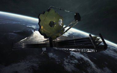 Astronot, James Webb teleskopunu inceliyor. JWST fırlatma sanatı. Görüntü elementleri Nasa tarafından sağlandı