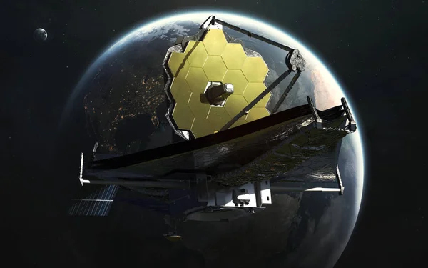 Телескоп Джеймса Уэбба на орбите планеты Земля. Искусство запуска JWST. Элементы изображения, предоставленные Nasa — стоковое фото