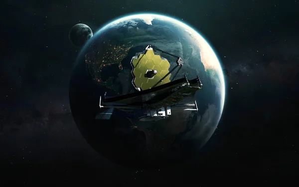 James Webb telescópio no fundo do planeta Terra. Arte de lançamento JWST. Elementos de imagem fornecidos pela Nasa — Fotografia de Stock