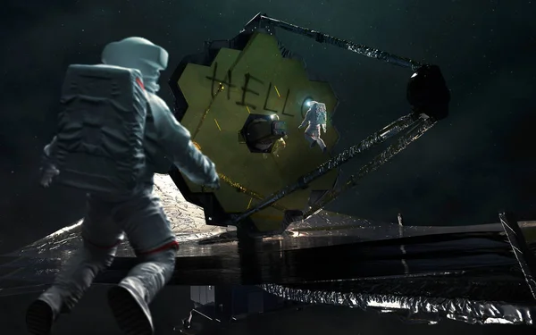 Un message d'extraterrestres sur le télescope par James Webb. JWST lancement de l'art. Éléments d'image fournis par Nasa — Photo