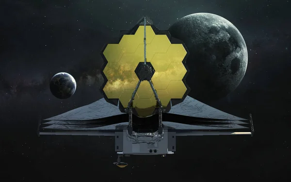 Telescopio James Webb sullo sfondo del pianeta Terra e Luna. Lancio JWST art. Elementi di immagine forniti da Nasa — Foto Stock