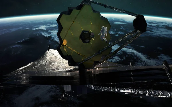 Astronauta examina el telescopio James Webb. Lanzamiento de JWST art. Elementos de imagen proporcionados por Nasa — Foto de Stock