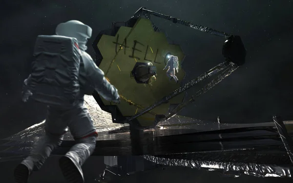 Een bericht van aliens op de telescoop van James Webb. JWST lanceer kunst. Elementen van beeld geleverd door Nasa Rechtenvrije Stockfoto's