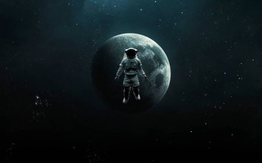 Uzayda Ay 'ın arka planında bir astronot. 5K gerçekçi bilim kurgu sanatı. Görüntü elementleri Nasa tarafından sağlandı