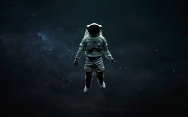 Uzayın derinliklerindeki uzay yürüyüşünde astronot. Üç boyutlu bilim kurgu sanatı. Görüntü elementleri Nasa tarafından sağlandı