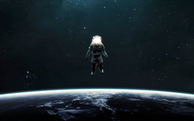 Dünya 'nın yörüngesindeki uzay yürüyüşünde astronot. 5K gerçekçi bilim kurgu sanatı. Görüntü elementleri Nasa tarafından sağlandı