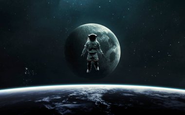 Uzayda Ay 'ın ve Dünya' nın arka planında bir astronot. 5K gerçekçi bilim kurgu sanatı. Görüntü elementleri Nasa tarafından sağlandı