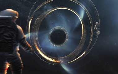 Uzayda kara deliğin ve olay ufkunun keşfi. 5K gerçekçi bilim kurgu sanatı. Görüntü elementleri Nasa tarafından sağlandı