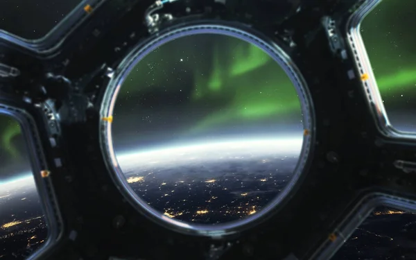 Space Station Porthole Earth Northern Lights Realistic Science Fiction Art — Stock Photo, Image