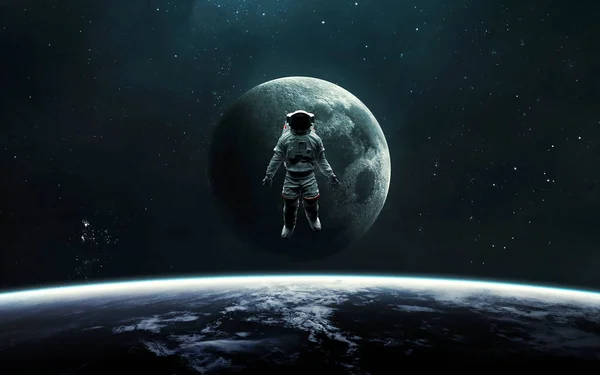 宇宙飛行士は宇宙の月と地球の背景にいます 5KリアルなSfアート 那佐が提供する画像の要素 — ストック写真