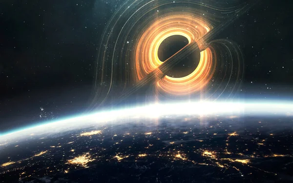 Kara Delik Uzayın Derinliklerinde Işığı Emiyor Gerçekçi Bilim Kurgu Sanatı — Stok fotoğraf