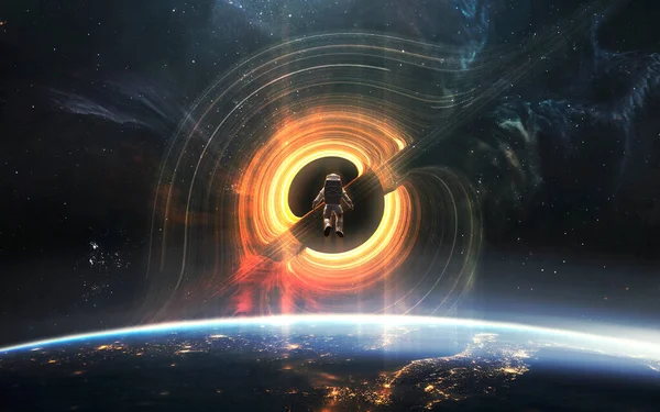 Trou Noir Géant Menace Planète Terre Brave Astronaute Art Réaliste — Photo