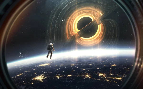 Astronaut Verkent Zwarte Gat Event Horizon Ruimte Realistische Science Fiction Stockfoto