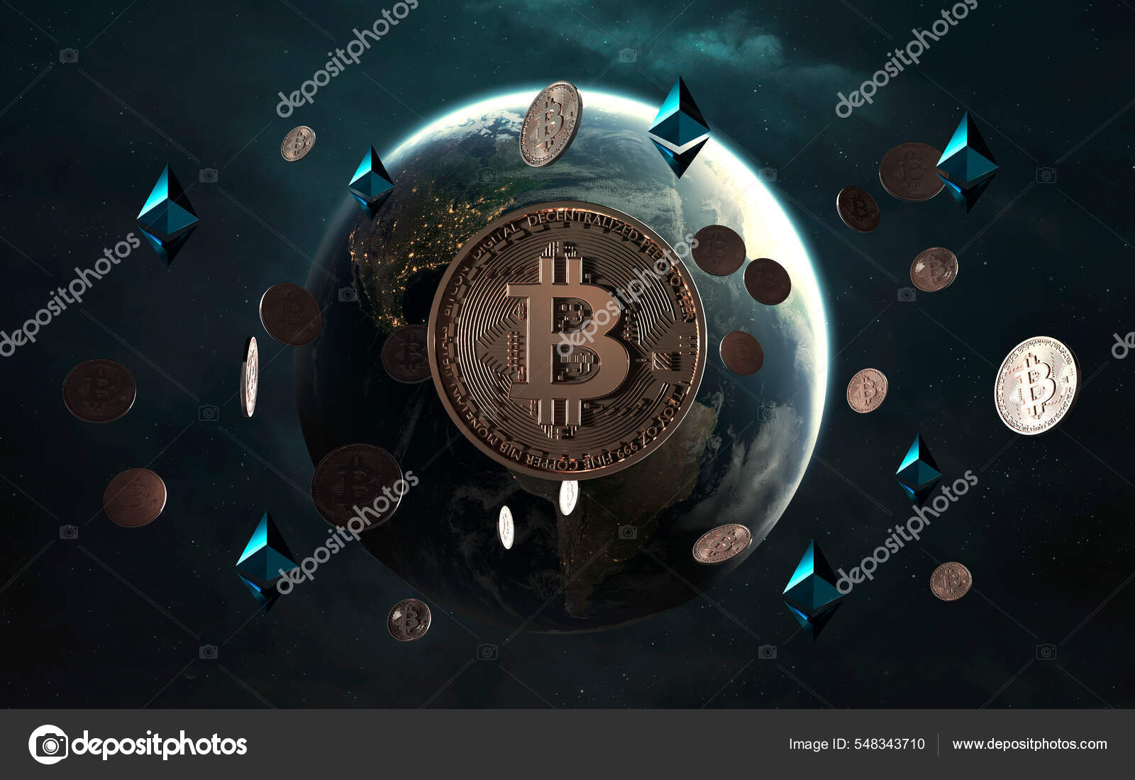 Illustration Cryptocurrencies Blockchain Technology Digital Money World  Bitcoin Ethereum Elements — Stock Photo © Shad.off #548343710