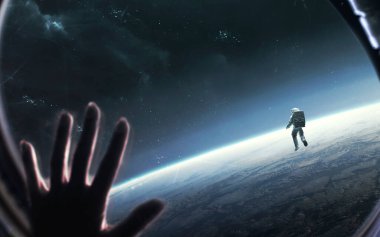 Uzay istasyonu lombozu ve Dünya. 5K gerçekçi bilim kurgu sanatı. Görüntü elementleri Nasa tarafından sağlandı