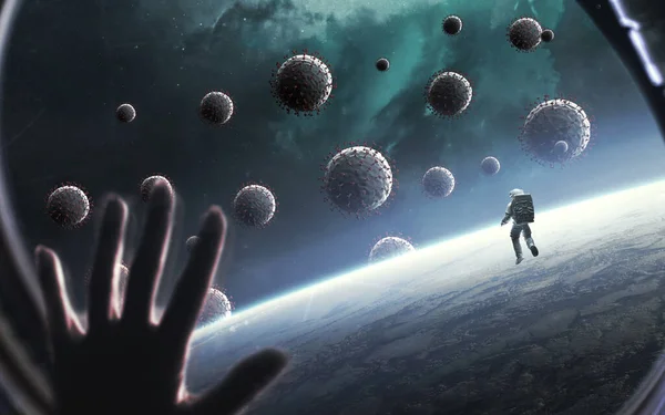 Illustration Der Covid Pandemie Vor Dem Hintergrund Des Planeten Erde lizenzfreie Stockbilder