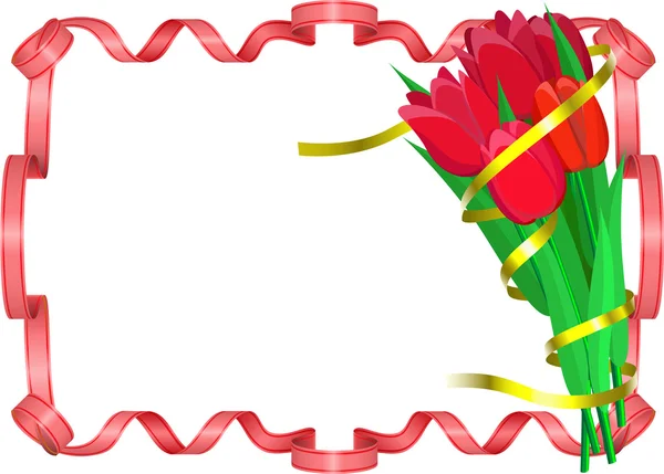 Red tulips with yellow and red ribbons are on white background. — Stock Vector