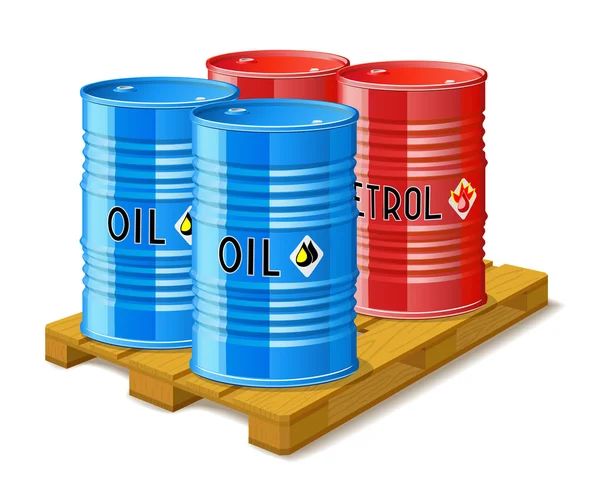 Houten pallet en metalen vaten met olie- en benzineprijzen. — Stockvector