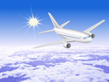 Bulutların üstünde güneşli gökyüzünde uçak olduğunu.