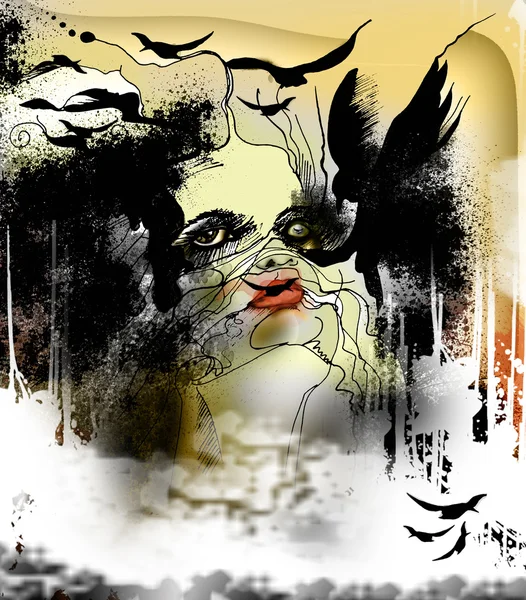 Abstrakta illustrationen med en kvinna och kråkor — Stockfoto