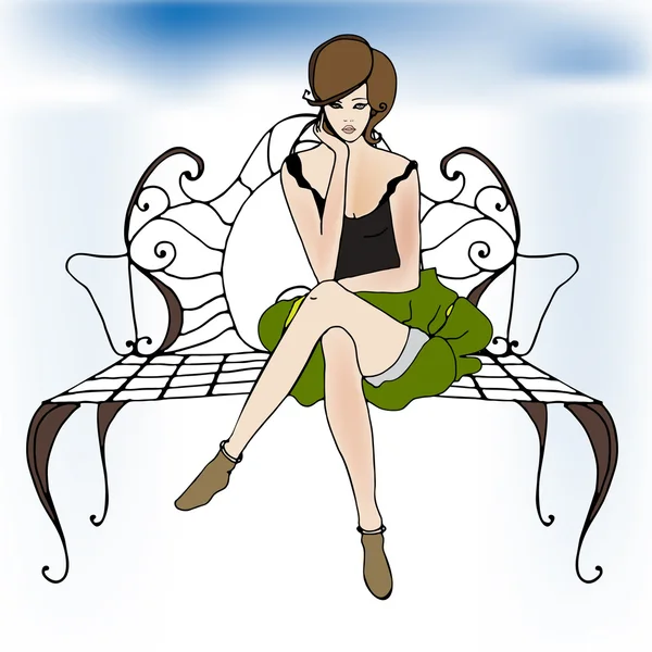 Gorgeous girl sitting on a bench — Stock Vector