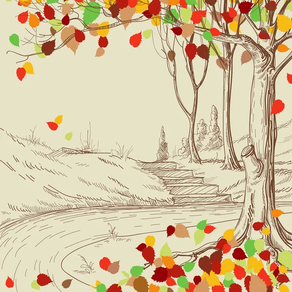 Árbol de otoño en el parque boceto, hojas brillantes cayendo — Vector de stock