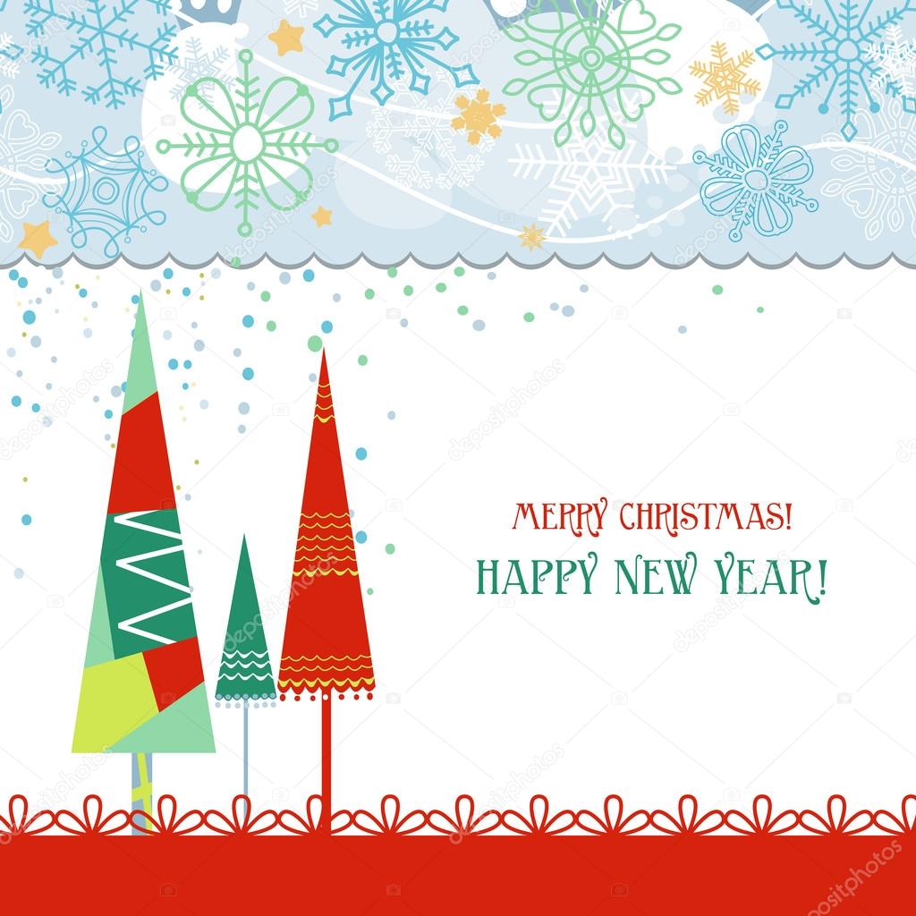 Christmas trees card in traditional colors over white