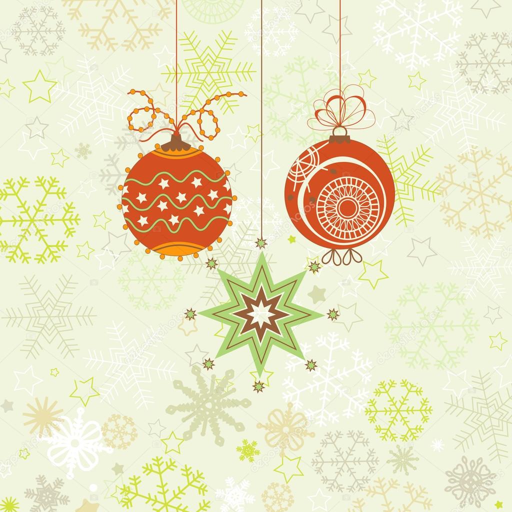 Christmas ornaments in red and green, snowflakes background