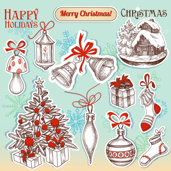 Hand getrokken symbolen en stickers Kerstset — Stockvector