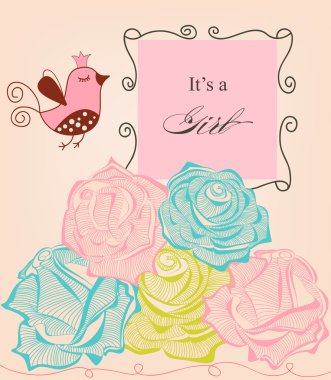 çiçek kız bebek, gül ve sevimli kuş