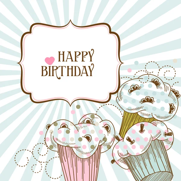Cartão de aniversário feliz com cupcakes — Vetor de Stock