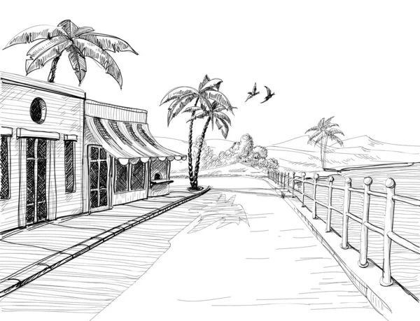 Petite ville calme au bord de la mer, vue sur la rue croquis — Image vectorielle