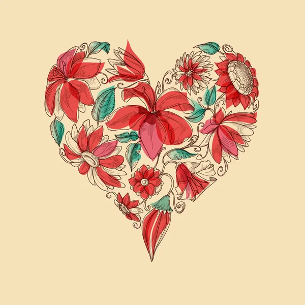 Retro vector heart of flowers love symbol — Stock Vector