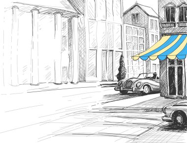 Retro şehir kroki, kentsel mimari, sokak ve arabalar