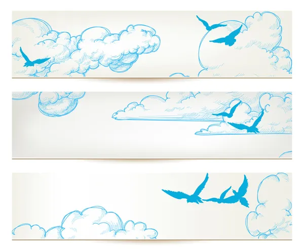 Sky banners, clouds and blue birds vector backgrounds — Stock Vector