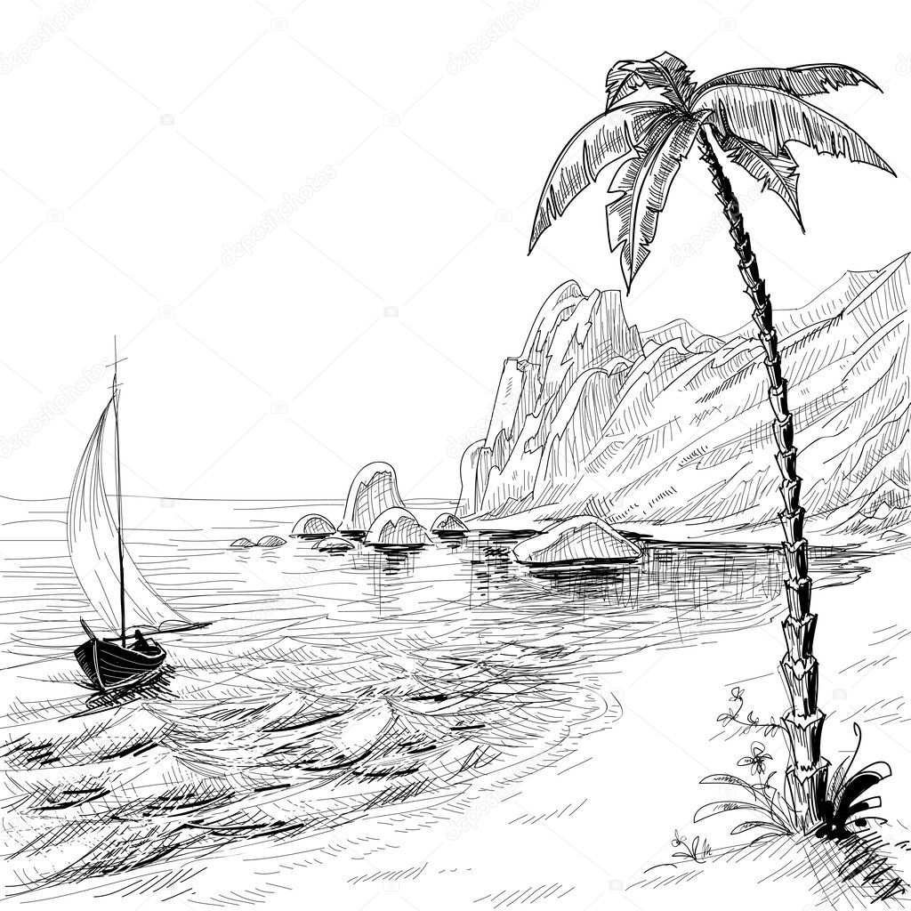 Sea beach, boat and palm tree vector sketch
