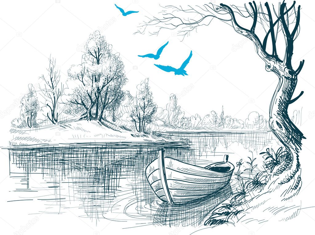 Boat on river delta vector sketch