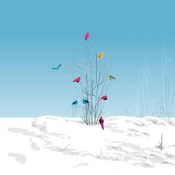 Winterlandschap, kleurrijke vogels in de boom — Stockvector