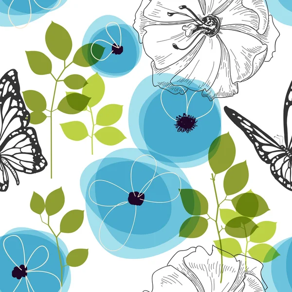 Blauwe bloemen en butterfly over wit, natuur naadloze patroon — Stockvector