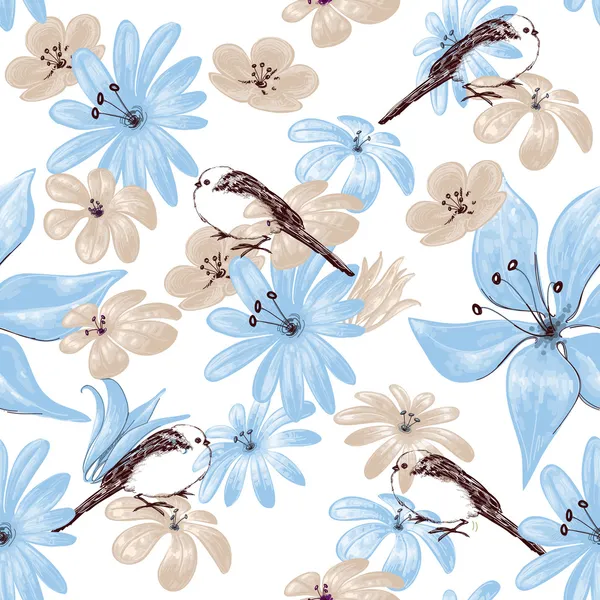 Motif floral sans couture avec des oiseaux — Image vectorielle