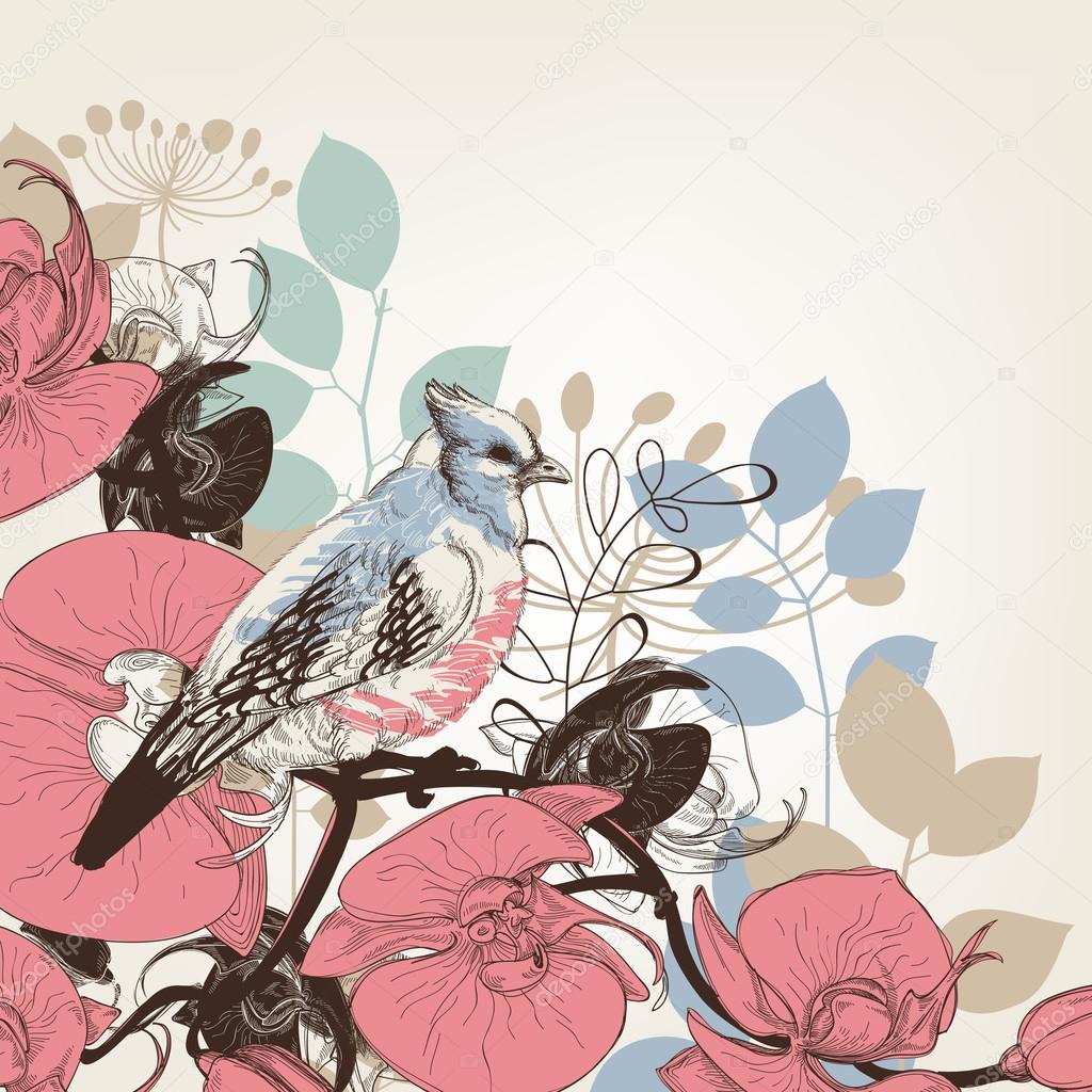 Orchid flowers and bird retro background