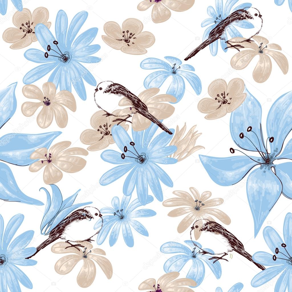 Floral seamless pattern with birds