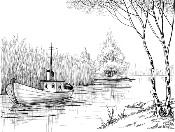 Bosquejo de la naturaleza, barco en el río o delta — Vector de stock