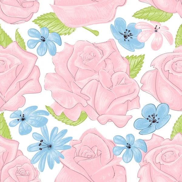 Pink roses seamless pattern over white — Stock Vector