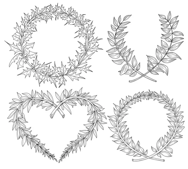 Collection with heart, wreaths, laurel, space for text. Hand dra — Stock Vector