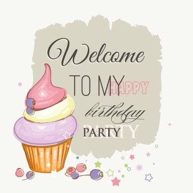 doğum günü kartı, tatlı kek, meyve ve mutlu benim birt hoş geldiniz