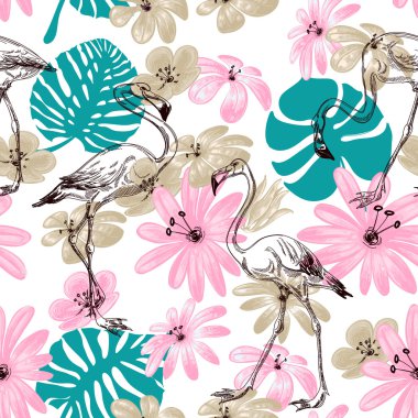 Flamingo ve çiçekler egzotik Bahçe seamless modeli 